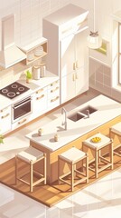 A Vertical Mobile Wallpaper Background With An Isometric Illustration Of A Modern Kitchen. 
