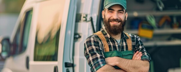 Bearded man in plaid shirt and overalls leaning on service van.