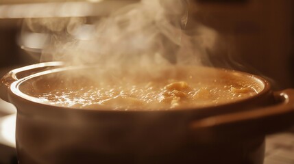 A large pot of soup is boiling on the stove.