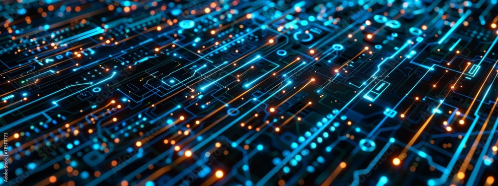Poster binary code patterns and circuit board elements arranged in a modern, abstract style.