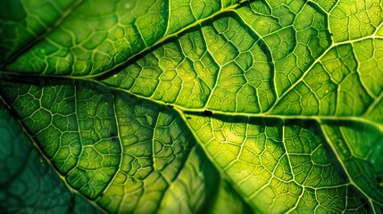 Leaf veins, vibrant green, macro, close-up, intricate life lines, soft sunlight  - obrazy, fototapety, plakaty