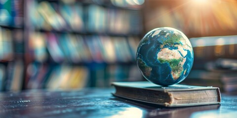 A small globe on an open book symbolizes global education, against a blurred library background.