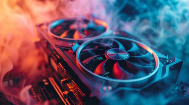 Close-up of glowing GPU fans surrounded by colorful smoke, illustrating high-tech hardware performance.