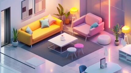 An Isometric Illustration Of A Living Room Interior.