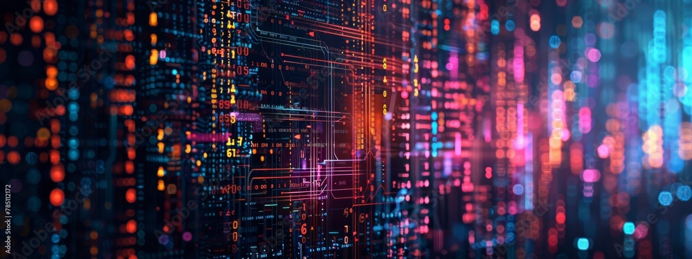 Poster binary code patterns and circuit board elements arranged in a modern, abstract style.
