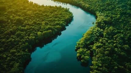 River winding through forest, aerial shot, close-up, bird's-eye, lifeline in green wilderness, daylight 