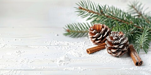 Wintry festive composition with frosted pine cones, cinnamon sticks, and pine branches on a snowy background. - Powered by Adobe