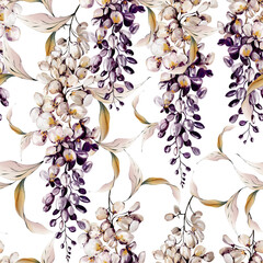 Watercolor pattern with  wisteria flowers and leaves.