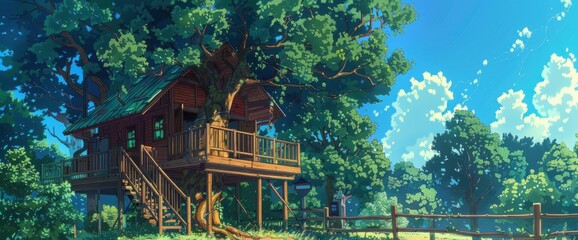 A beautiful treehouse in the detailed anime art style, colorful wood building with stairs and windows, wooden structure with a wooden fence around the house surrounded by trees - obrazy, fototapety, plakaty