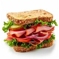 A stacked deli sandwich with ham, tomato, lettuce, cheese, and onion.