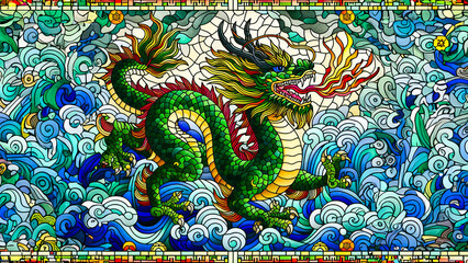 Celestial Serpent: A Majestic Green Chinese Dragon Ascends in Stunning Stained Glass Art