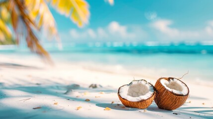 Halved coconuts on a sandy beach with turquoise waters in the background.
