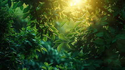 Summer solstice, dense foliage, close-up, high-angle, forest peak, vibrant light 