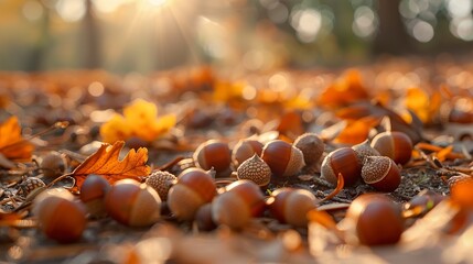 Obraz na płótnie Canvas Autumn harvest, acorns on ground, close-up, straight-on shot, forest bounty, soft evening 