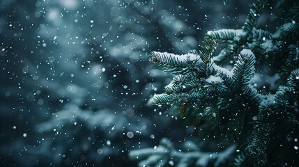 Winter solace, snowflakes on pine, close-up, ground-level camera, silent forest, moonlight