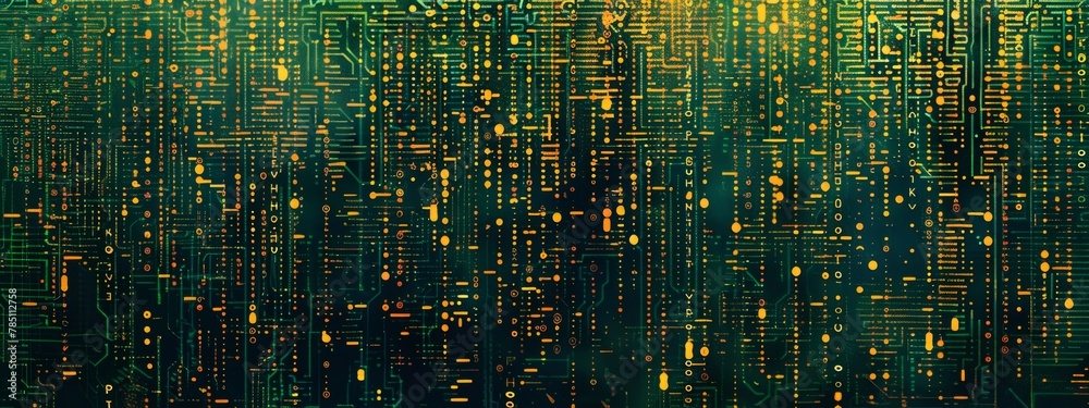 Poster binary code patterns and circuit board elements arranged in a modern, abstract style.