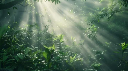 Zelfklevend Fotobehang Shafts of light, dense foliage, close-up, ground-level shot, mystical forest, early light  © Thanthara