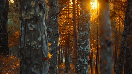 Sunset glow filtering through pines, close-up, straight-on angle, forest peace, twilight warmth 
