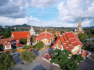 Drone shot of The Wat Chalong Buddhist temple in Chalong, Phuket, Thailand.