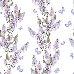 Watercolor seamless pattern with muscari flowers and butterfly. - 785112730