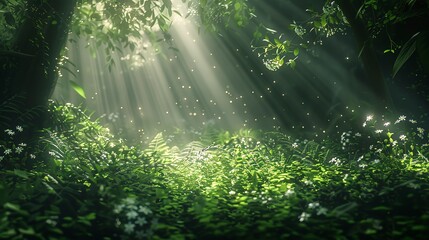 Shafts of light, dense foliage, close-up, ground-level shot, mystical forest, early light 