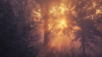 Sunrise through fog, silhouetted trees, close-up, eye-level view, forest awakening, hazy glow -