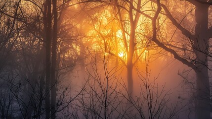 Obraz premium Sunrise through fog, silhouetted trees, close-up, eye-level view, forest awakening, hazy glow 