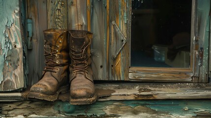 A pair of old leather boots sit outside a rustic wooden door.