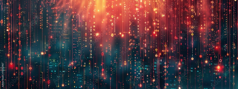 Poster binary code patterns and circuit board elements arranged in a modern, abstract style.