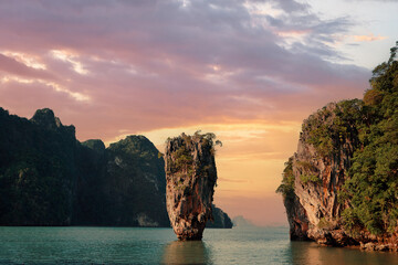 Travel by Thailand. Amazing scenery natural landscape of James Bond island Phang-Nga bay, Water...