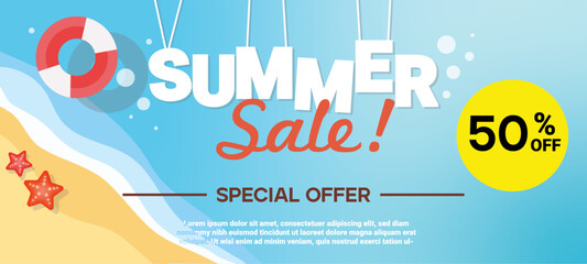 Summer sale banner vector illustration. beach top view with sand and waves background