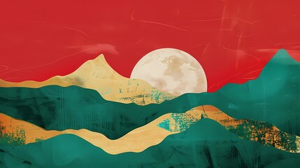 Green mountains gold foil moon illustration poster background