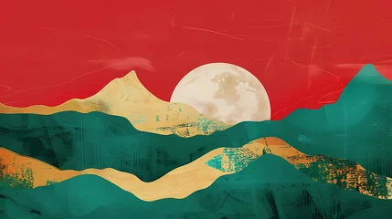Fotobehang Green mountains gold foil moon illustration poster background © jinzhen