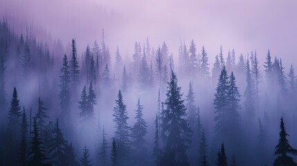 Obraz premium Silhouettes in fog, towering pines, close-up, high-angle, mysterious forest, twilight haze 