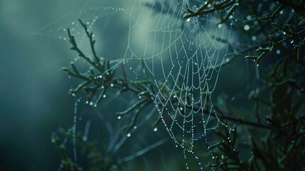 Dewdrops on spider web, close-up, straight-on angle, forest shrouded in mist, silent observer  - obrazy, fototapety, plakaty