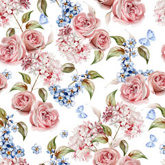 Watercolor pattern with the different hudrangea flowers and roses. - 785112962