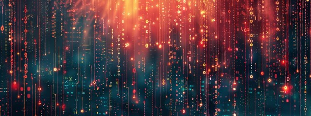 Binary code patterns and circuit board elements arranged in a modern, abstract style.