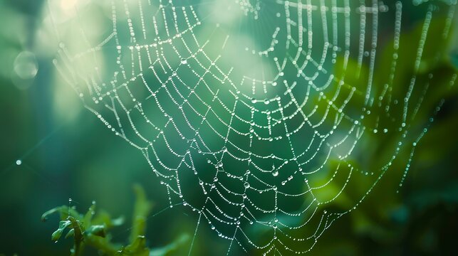 Dewdrops on spider web, close-up, straight-on angle, forest shrouded in mist, silent observer 