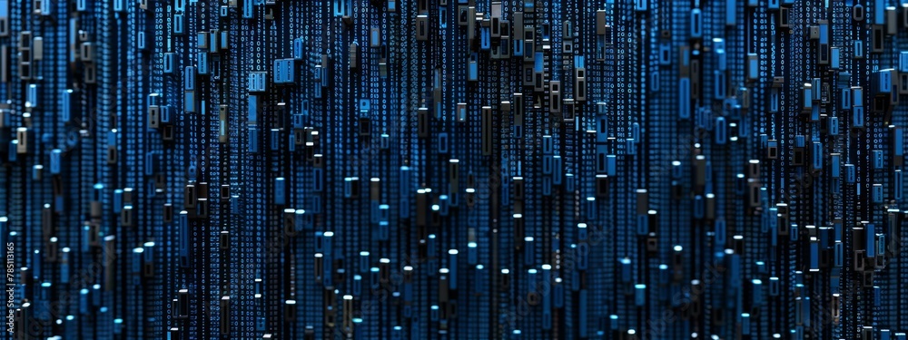 Poster binary code patterns and circuit board elements arranged in a modern, abstract style.