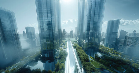 Fototapeta na wymiar The design plan for the future city, commercial buildings, and residential areas. Two tall twin towers with glass curtain walls on top. Generative AI.