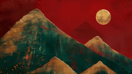 Green mountains gold foil moon illustration poster background