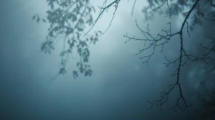 Branches draped in fog, close-up, straight-on shot, forest whispers, muted world 