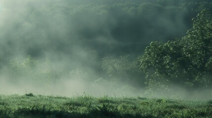 Fog rolling over hills, close-up, ground-level camera, forest awakening, serene breath  - obrazy, fototapety, plakaty
