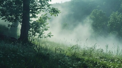 Fog rolling over hills, close-up, ground-level camera, forest awakening, serene breath  - obrazy, fototapety, plakaty