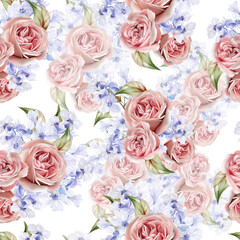 Watercolor pattern with the different hudrangea flowers and roses.