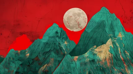 Poster Green mountains gold foil moon illustration poster background © jinzhen