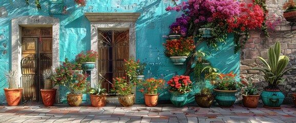 Fototapeta na wymiar A blue house with plants and potted flowers in front of it, in the style of digital art, illustration painting, tropical colors, vibrant, sunny day, high detail