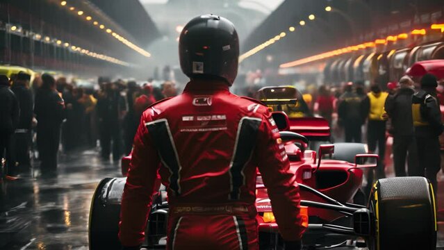 A man in a red racing suit stands in front of a red race car. Concept of excitement and anticipation for the upcoming race