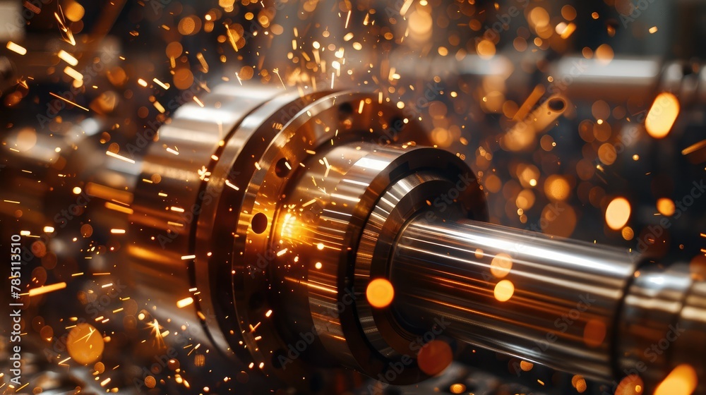 Leinwandbilder closeup of an industrial lathe cnc with sparks flying around it, focusing on the spinning wheel and 