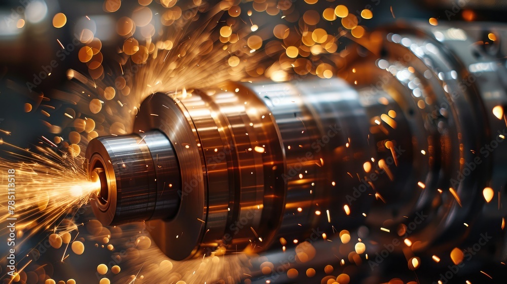 Leinwandbilder Closeup of an industrial lathe CNC with sparks flying around it, focusing on the spinning wheel and its motion. The background is blurred to emphasize the action in front. Generative AI.